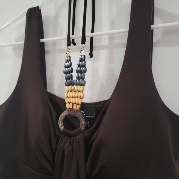 Vintage Y2K Iz Byer Babydoll Top Size Large Brown Halter Beaded - Picture 2 of 4